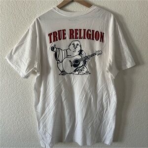 True Religion Men’s 2XL White T-Shirt Red Horseshoe Logo Buddha Graphic